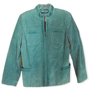 Vintage Suede 80’s Boxy Oversized Turquoise Bradley Leather Zip Up Jacket Sz S
